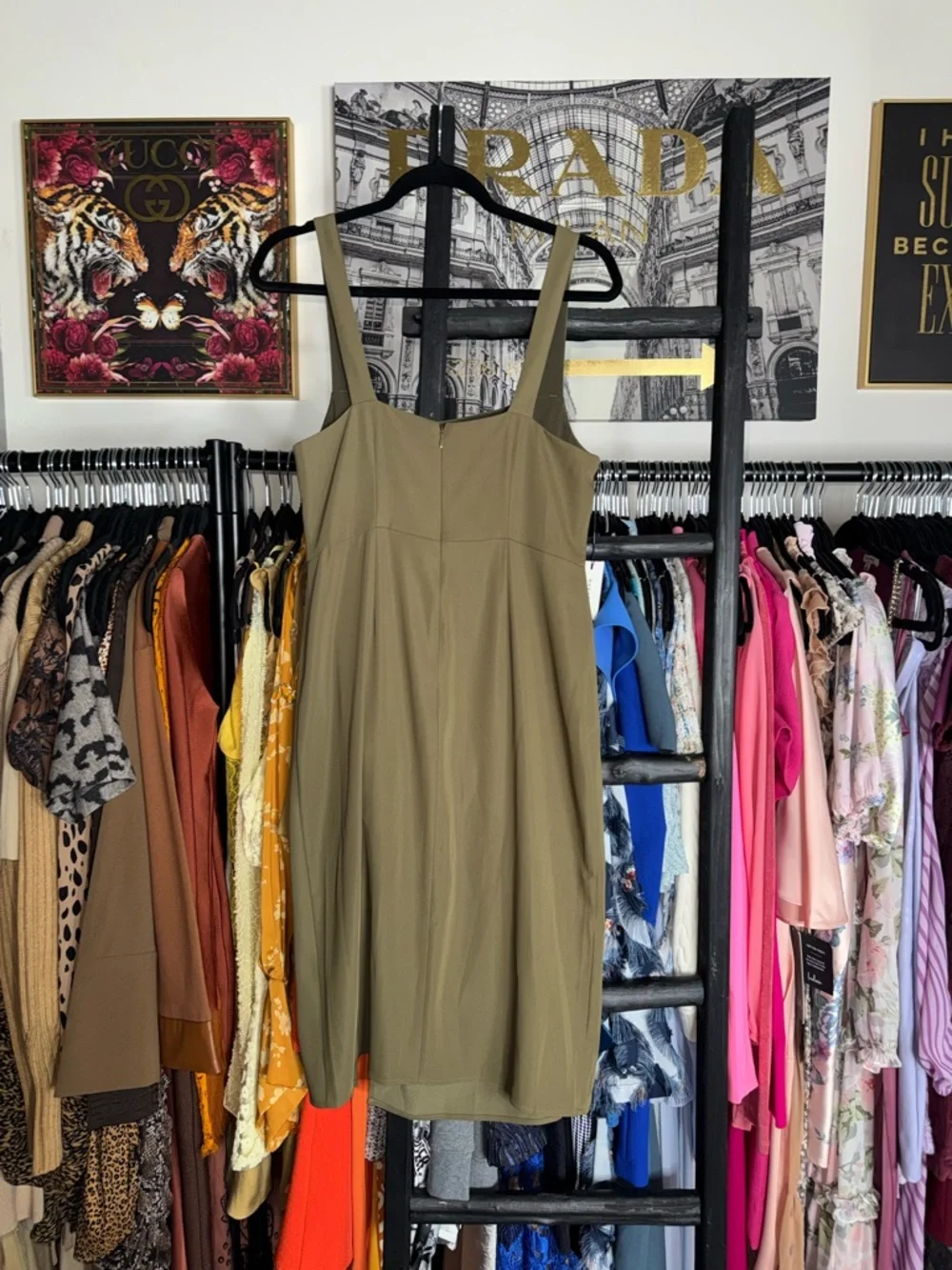 Babaton 90s Slit Satin Midi Dress Olive Green Square Neck Thigh Slit Size 8 New - Picture 9 of 10
